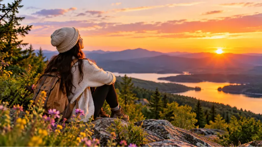 Woman enjoying a peaceful mountain and lake view at sunset